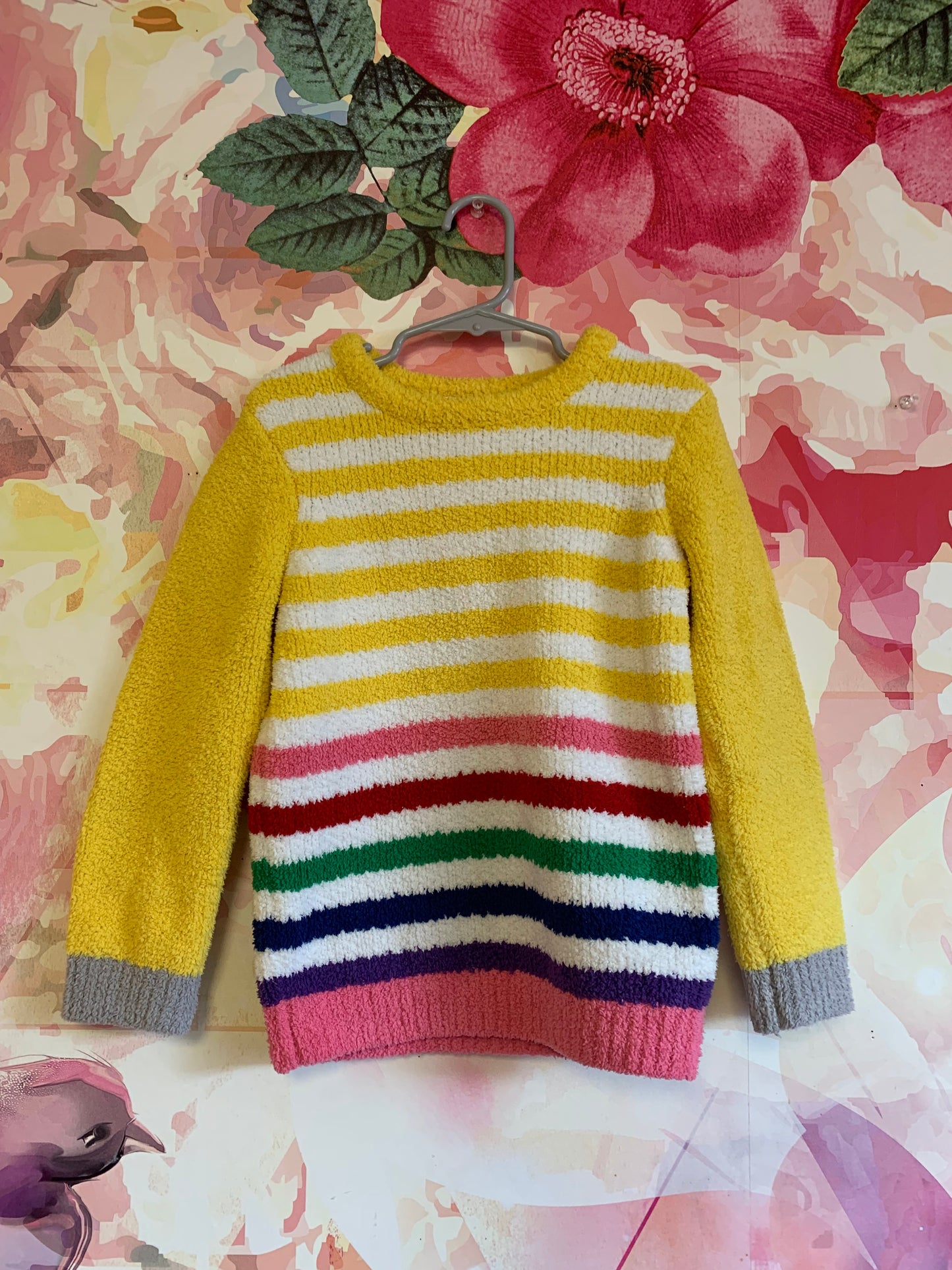 Hanna Andersson fleece yellow & rainbow stripe sweater. Size 4/5T.