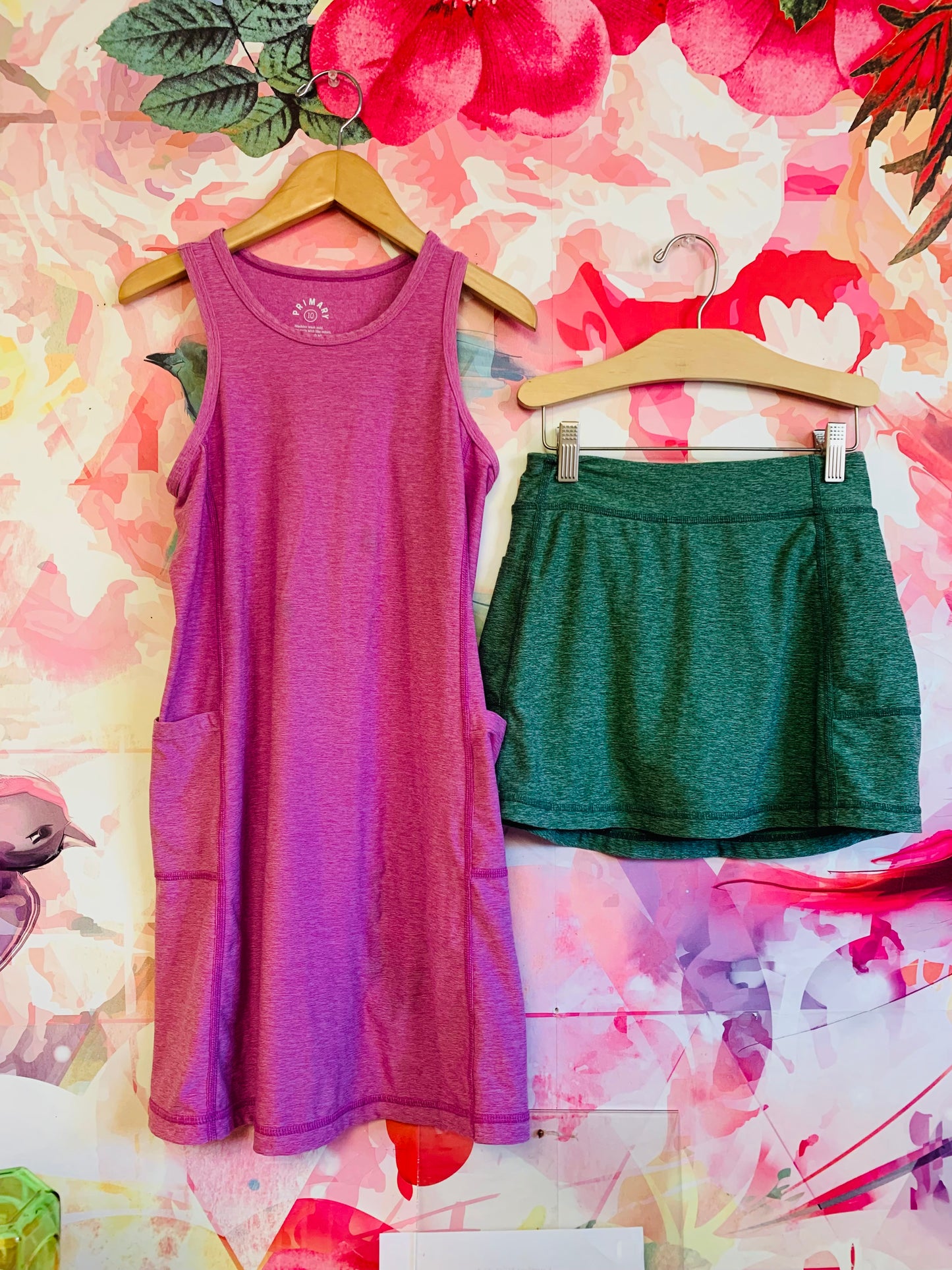 Primary fuschia flexknit active pocket dress with pockets. Super soft & stretchy. Forest green skort. Size 10.