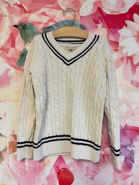 Hope & Henry cream knit v-neck sweater with blue stripes. Size 10T.
