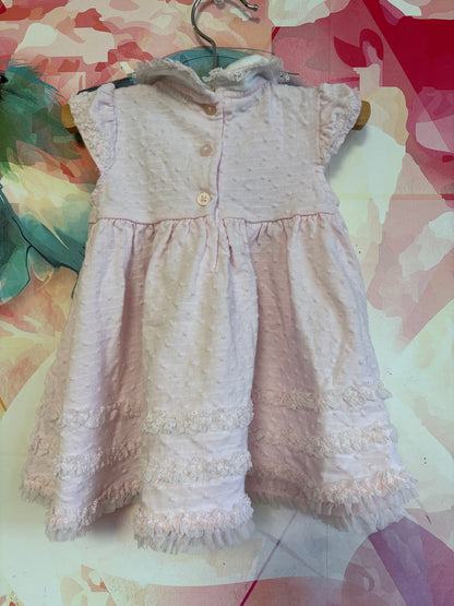 Little Me pink short sleeve dress with ruffles, small pink roses, tulle & white bows. Size 6m