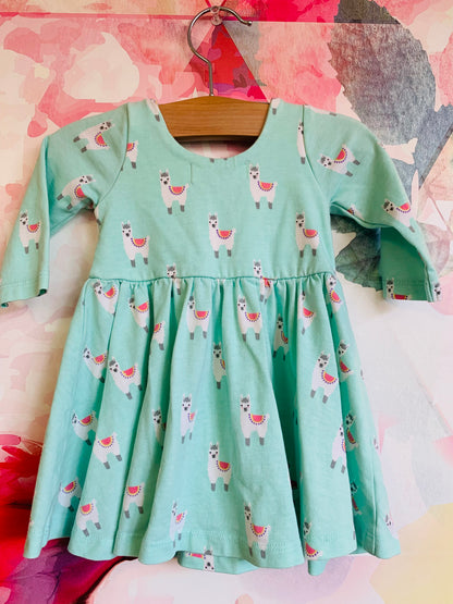 Monica & Andy teal long sleeve dress with llamas. Size 0-6m