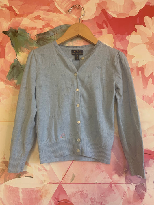 Polo Ralph Lauren powder blue cardigan with small hearts. *tiny blue discoloration on front* size 6