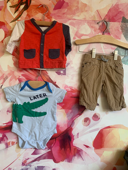 Bundle! Baby Gap blue & green alligator onesie, red, white, blue long sleeve button up shirt & khaki corduroys. Size 0-3m