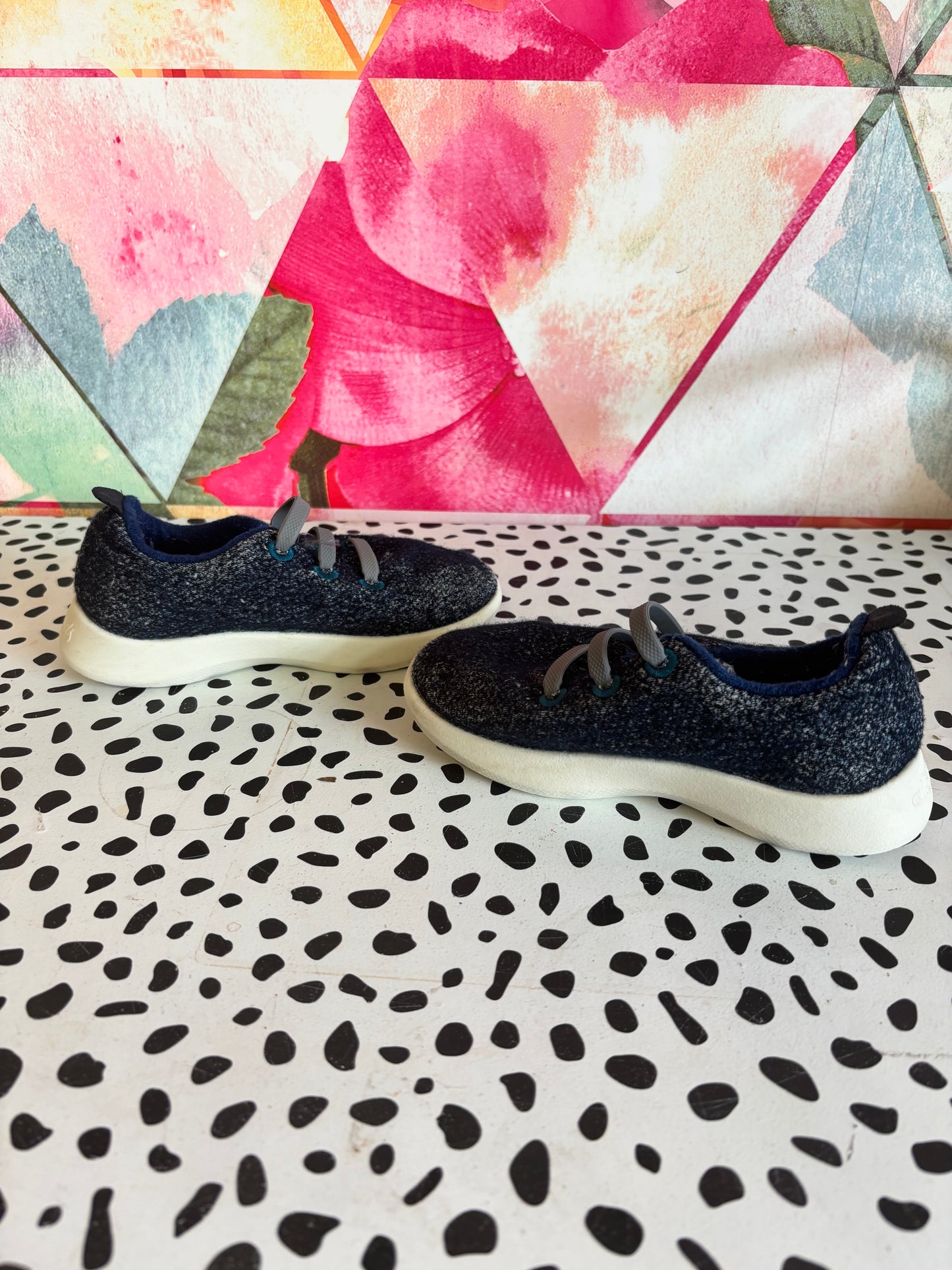 allbirds blue speckled wool slip on shoes with gray elastics. Size 10.