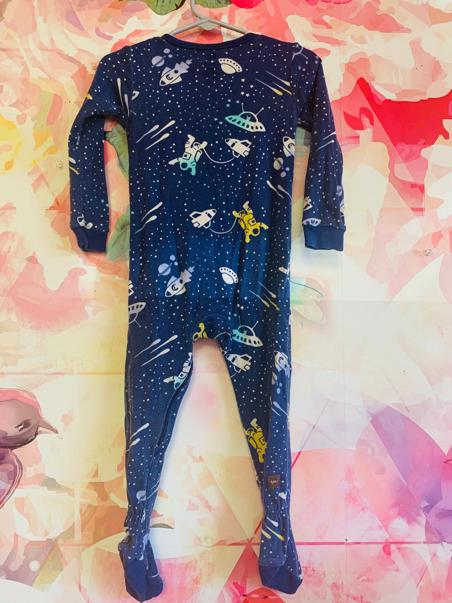 Tea Collection navy blue romper with rocket ships & aliens. Size 18-24m