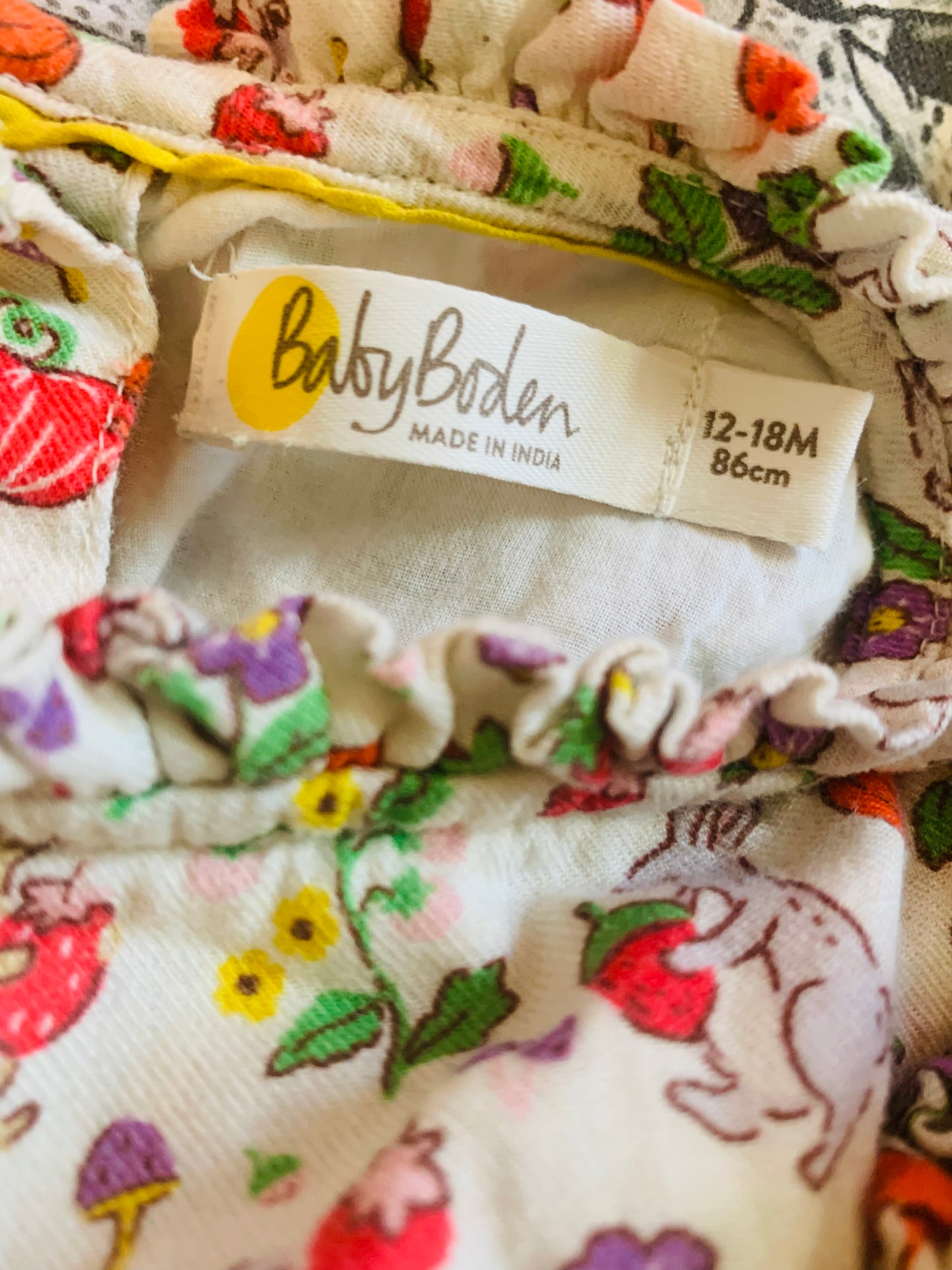 Baby Boden colorful long sleeve top with bunnies, mice, squirrels and fruit. Tea Collection grey leggings. Size 12-18m