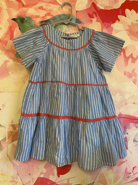 Crewcuts blue & white stripe shirt sleeve dress with red wavy piping. Size 5.