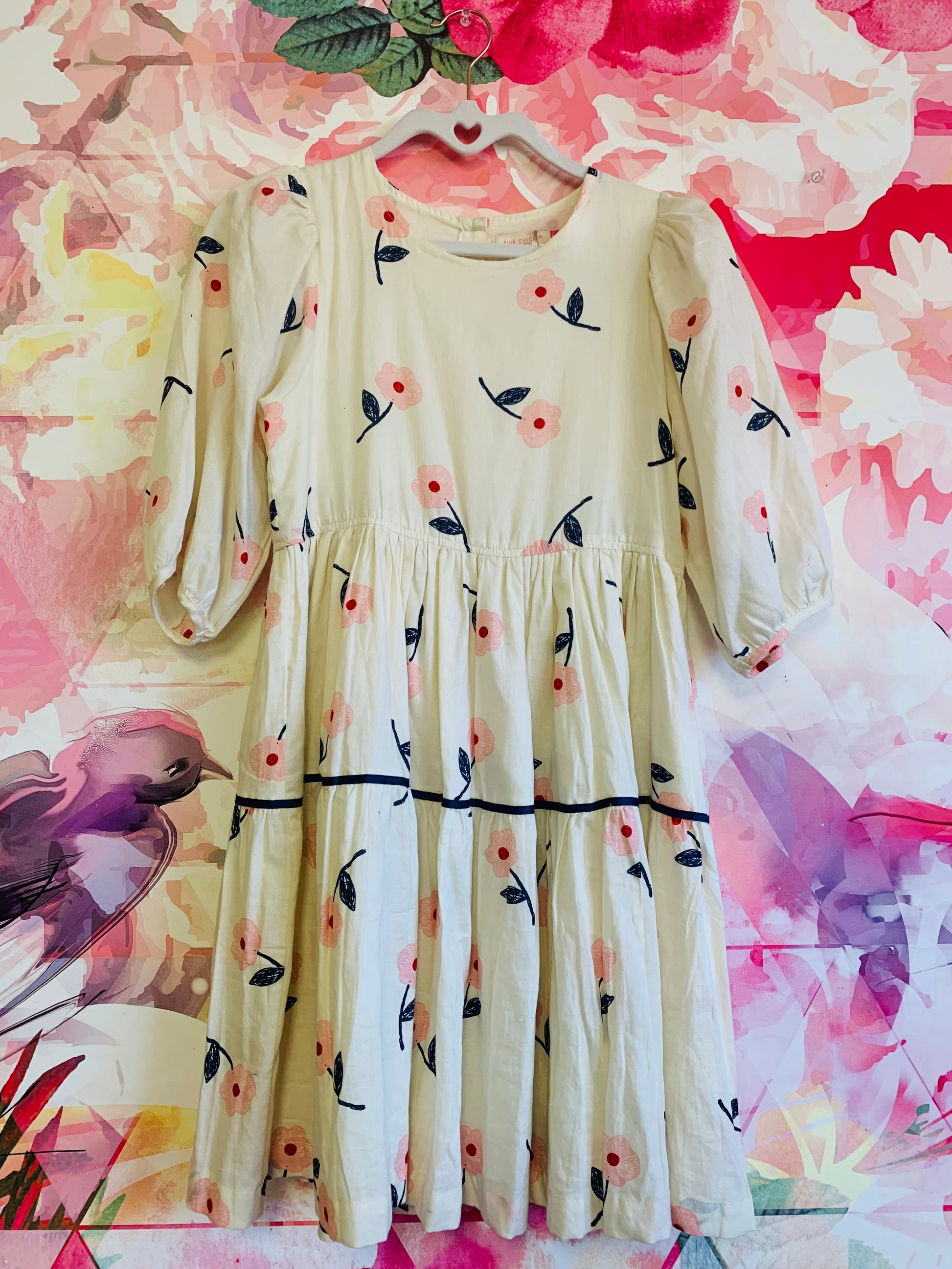 Pink Chicken cream dress with pink, red & blue flowers. Silver buttons Cloud & Bunny Pink Chicken cream dress with pink, red & blue flowers. Silver buttons Cloud & Bunny