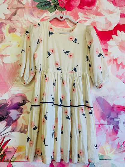 Pink Chicken cream dress with pink, red & blue flowers. Silver buttons on back and blue grosgrain trim. Size 14. Pink Chicken cream dress with pink, red & blue flowers. Silver buttons on back and blue grosgrain trim. Size 14.