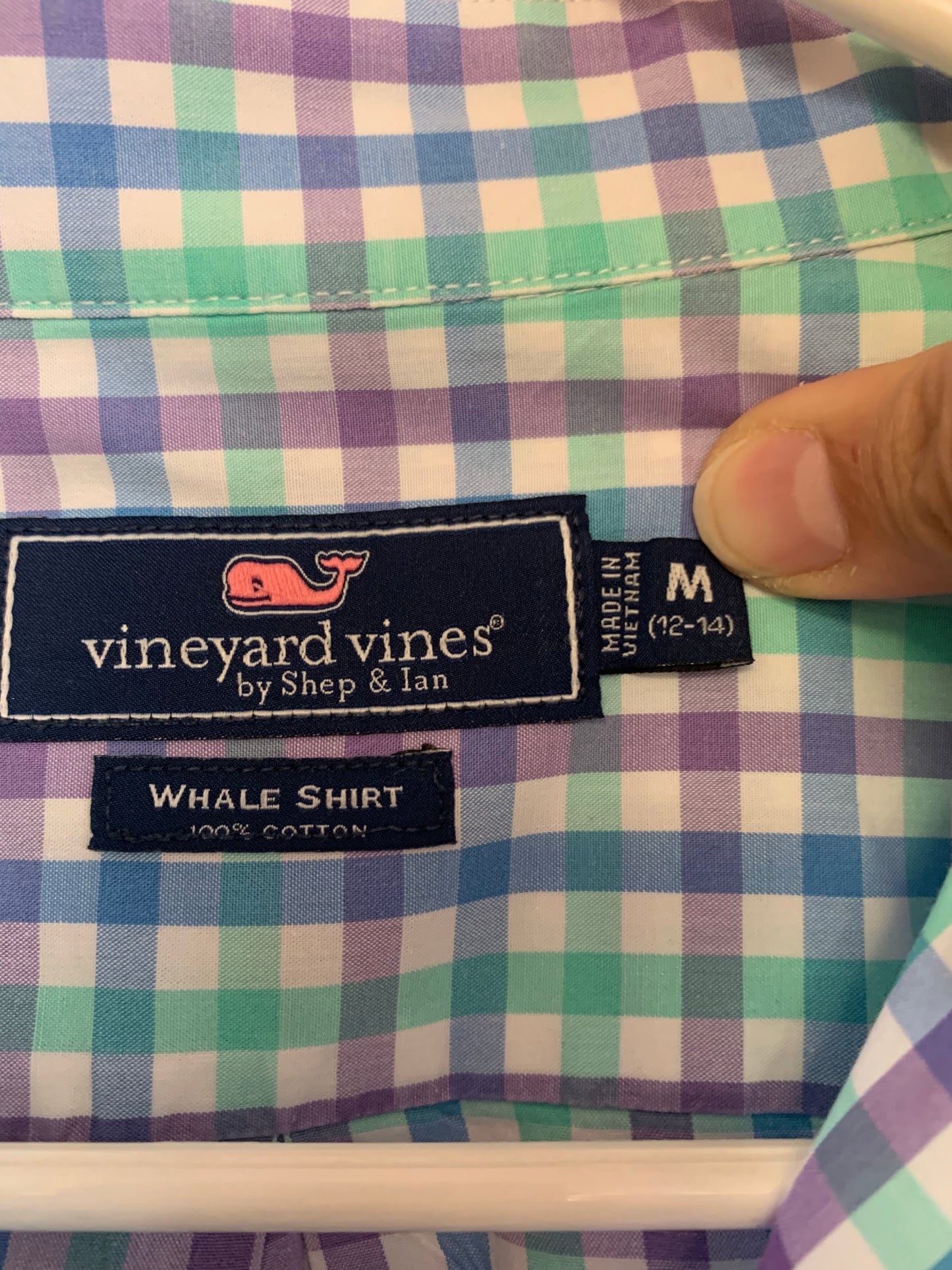 Vineyard Vines blue, green, purple & white checkered long sleeve button down shirt. 100% cotton. Size 12/14.