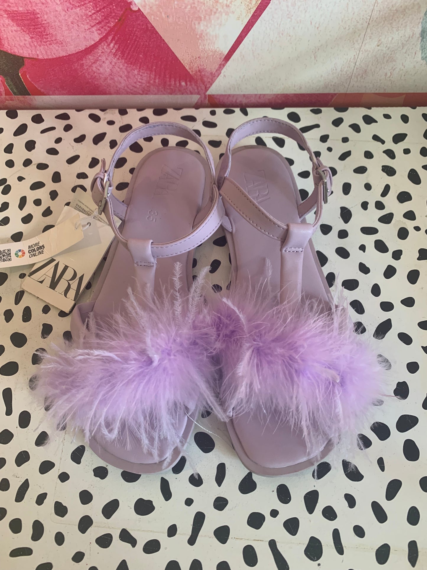 Zara light purple *new with tags* t-strap sandals with feathers. Size 3.5