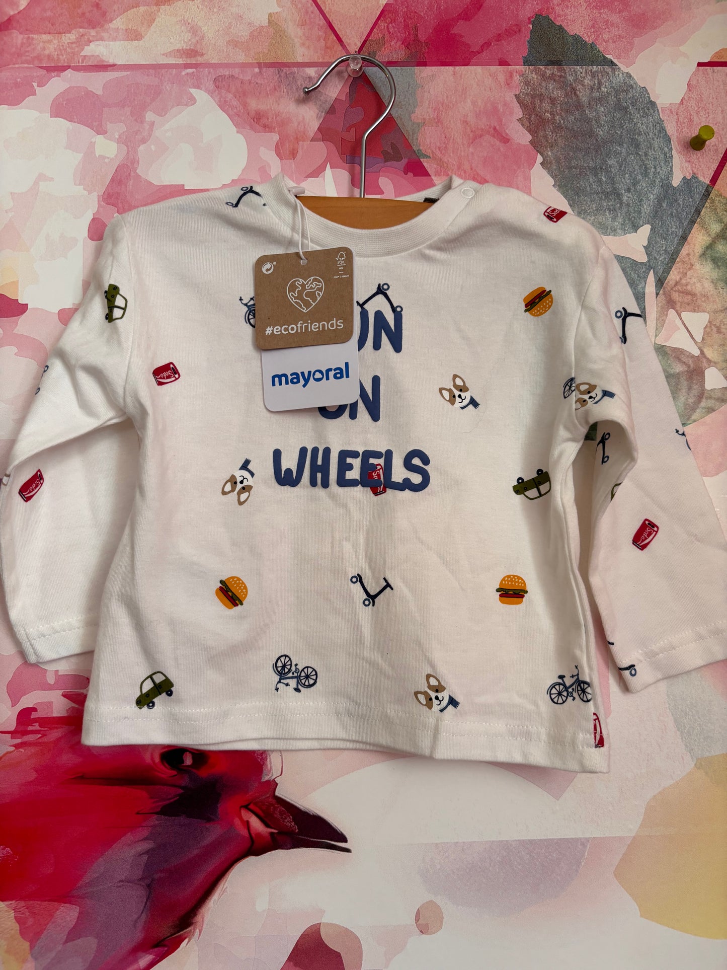 Mayoral cream long sleeve shirt with dogs, cars, bikes, hamburgers. Fun on Wheels. Size 9m. NEW WITH TAGS.
