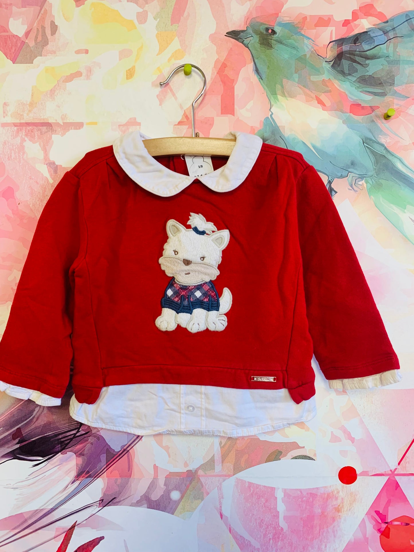 Mayoral Long sleeve red top, white collar, white dog in sweater. Size 18m.