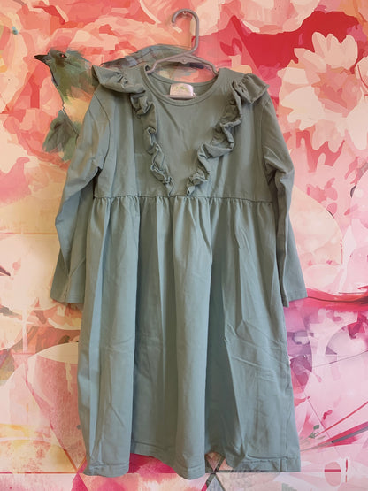 Flora & Dott long sleeve teal dress with front ruffles. Size 7/8