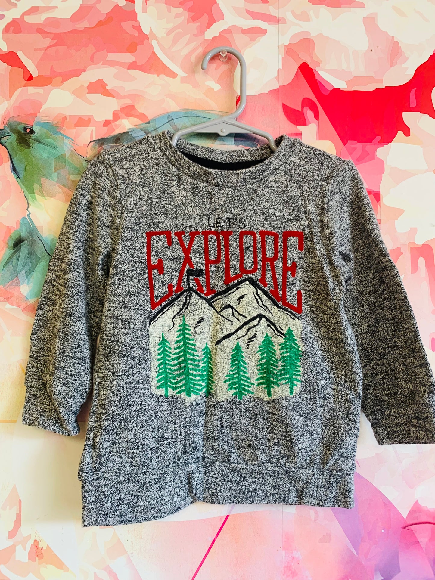 Epic Threads grey long sleeve with white mountains & green pine trees. Red lettering Let’s Explore. Size 3