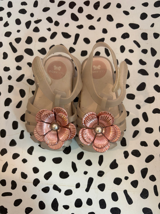 Zaxy Nina beige shoes with pink flowers & pearl. Velcro strap. Size 5