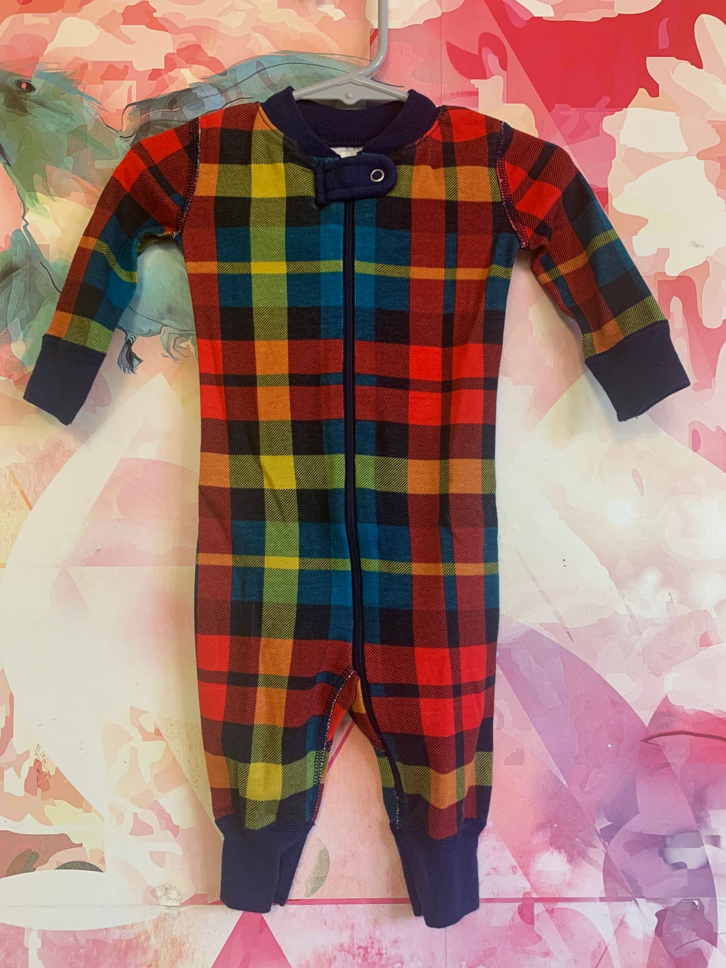 Hanna Andersson multi color plaid long sleeve romper. Size 3-6m