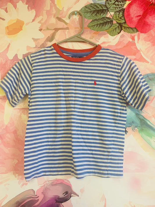 Polo by Ralph Lauren blue/white stripe short sleeve top. Red neck line and red logo. Size 7