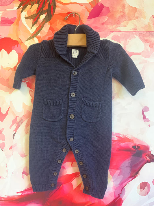 Baby Gap navy blue knit romper with cowl neck and buttons. Size 3-6m