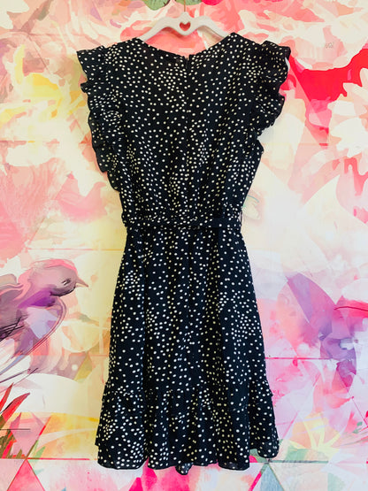 Favlux black & white polka dot flutter sleeve dress with waist tie, back zipper & flutter hem. Size Small.