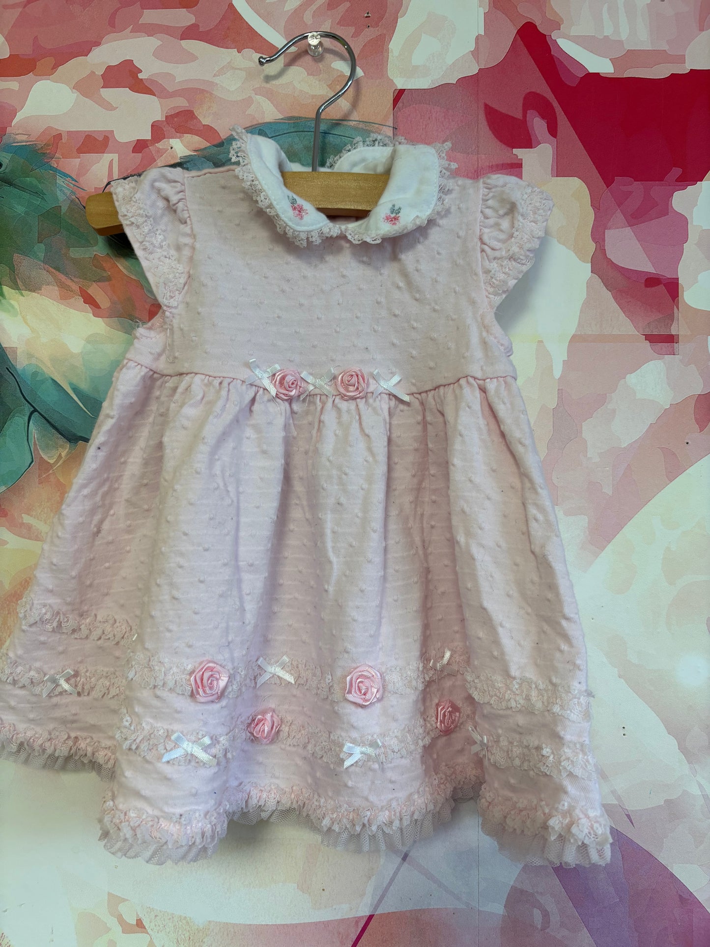 Little Me pink short sleeve dress with ruffles, small pink roses, tulle & white bows. Size 6m