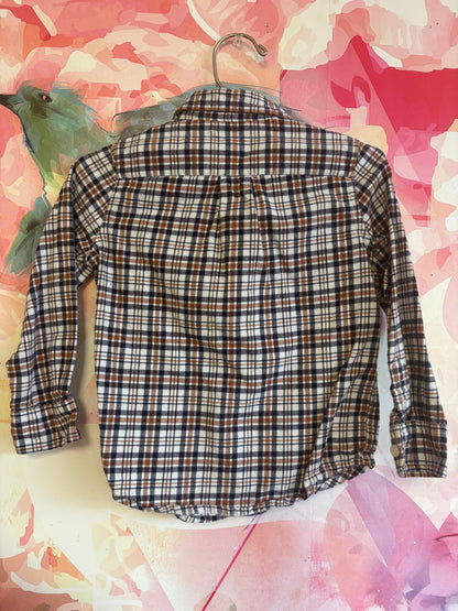 Janie & Jack blue, brown, cream plaid button down long sleeve shirt. Side 2T.