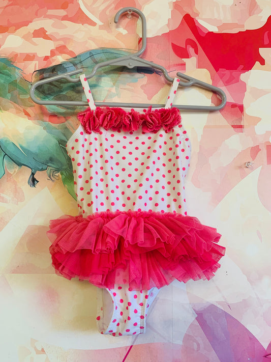 Little Me one piece white swimsuit with pink polka dots and ruffle skirt. Size 18m