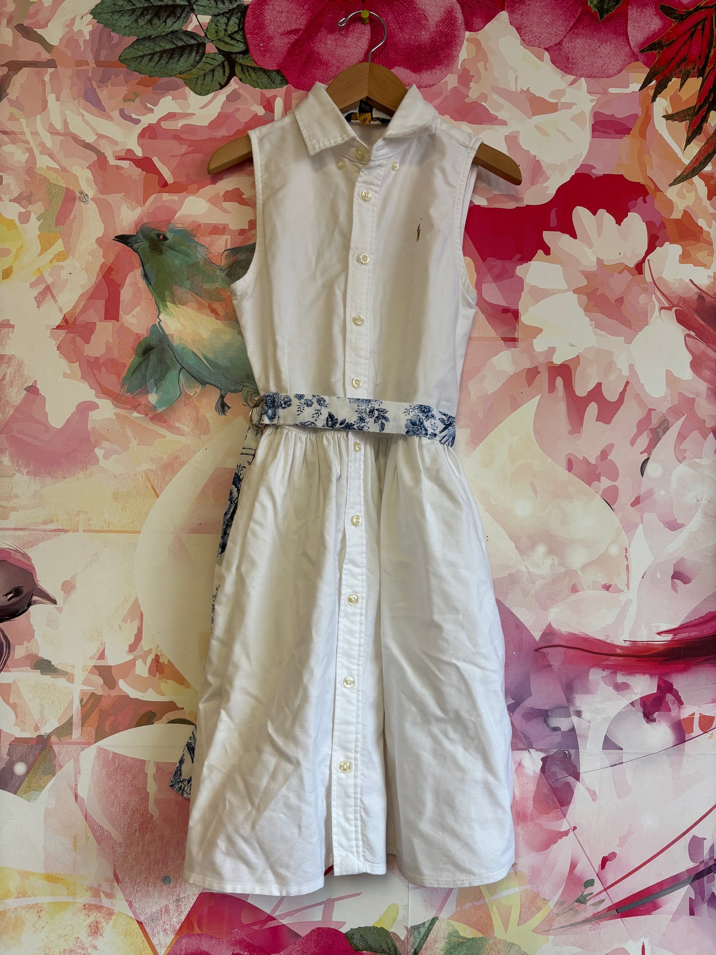 Polo Ralph Lauren white button front sleeveless shirt dress with blue belt. Size 12