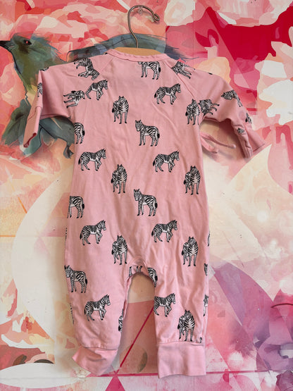 Monica & Andy pink snap romper with black & white zebras. Size 6-9m