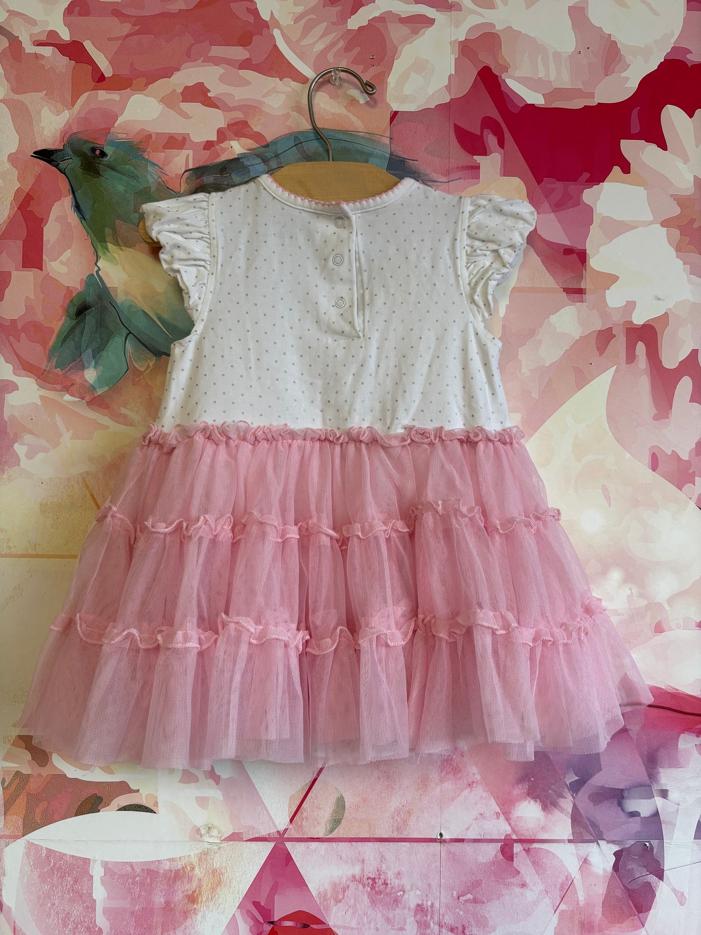 Little Me white/pink short sleeve tulle dress onesie with pink tulle bunny. Size 18m