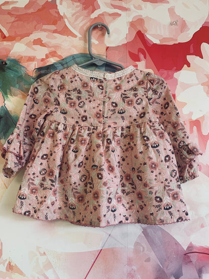 Cynthia Rowley pink long sleeve dress with flowers and pink stitching on hems. Size 3-6m