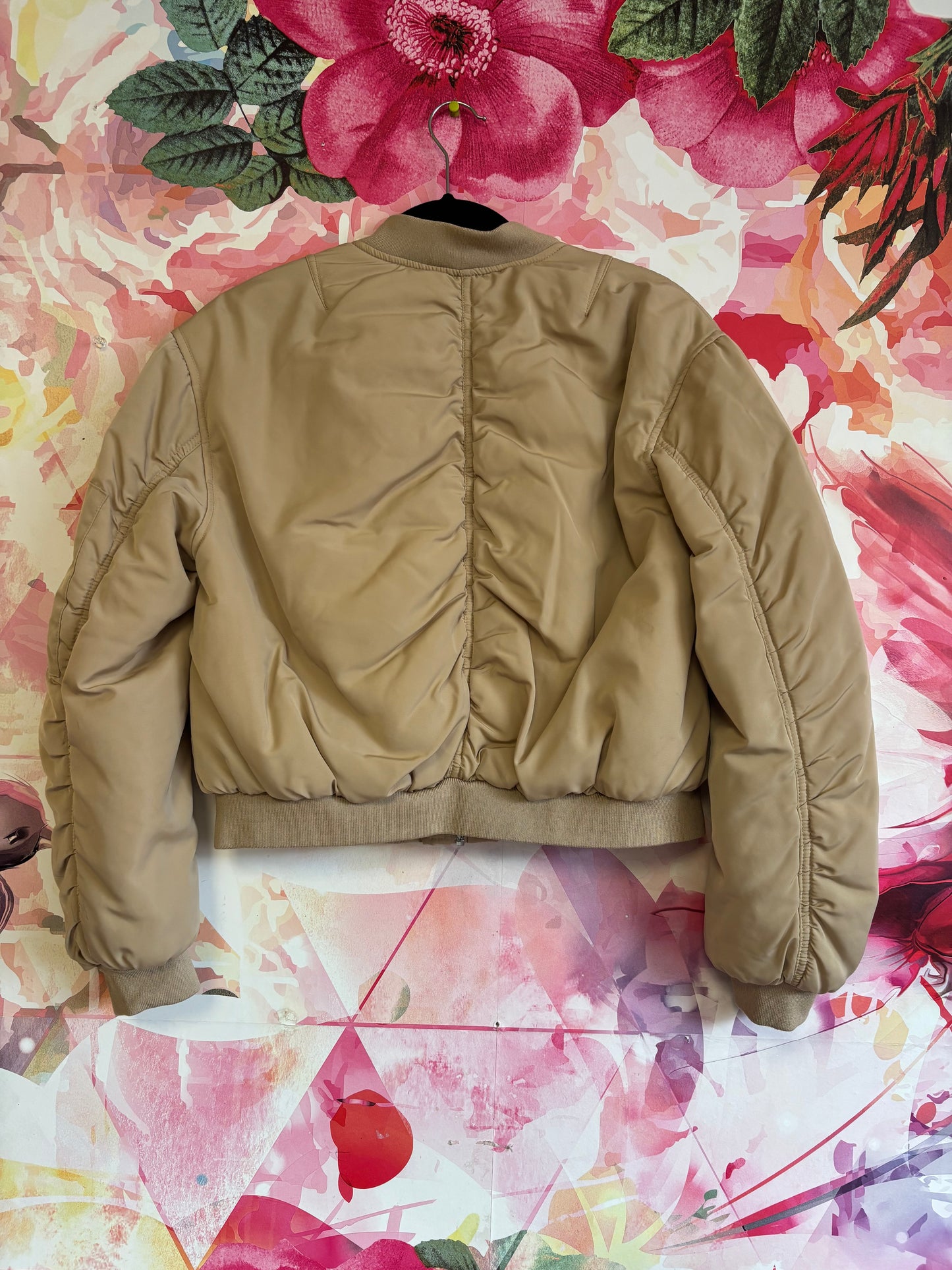 Zara beige crop bomber jacket with zipper pockets on sleeves. Size 13/14