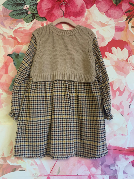 Zara beige, black, yellow plaid dress with beige knit vest too. Size 5/6.