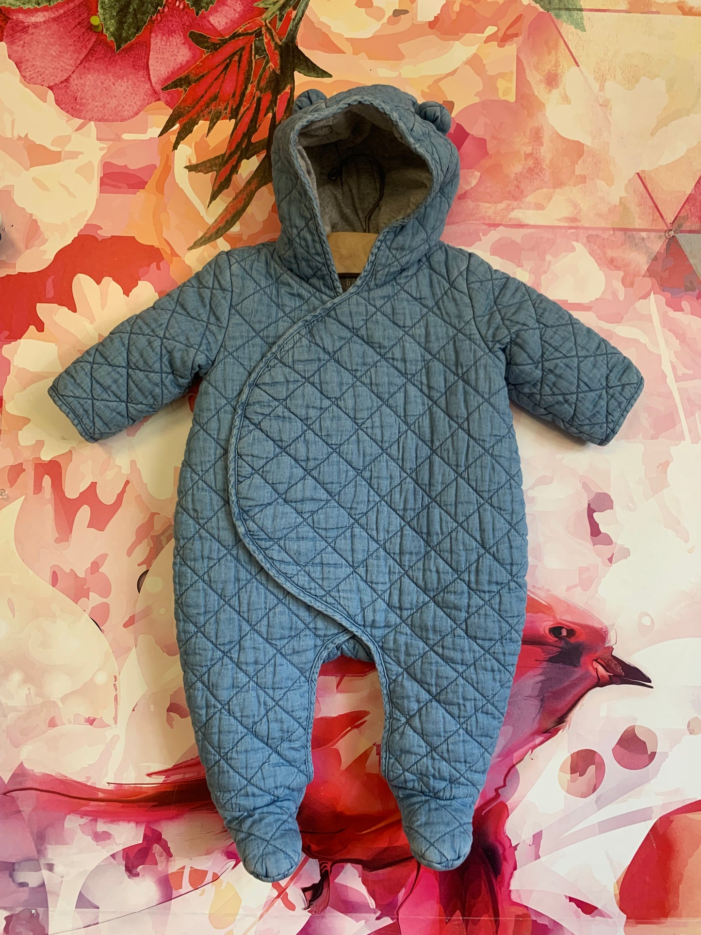 Baby Gap blue quilted cotton hooded bunting. Size 3-6m