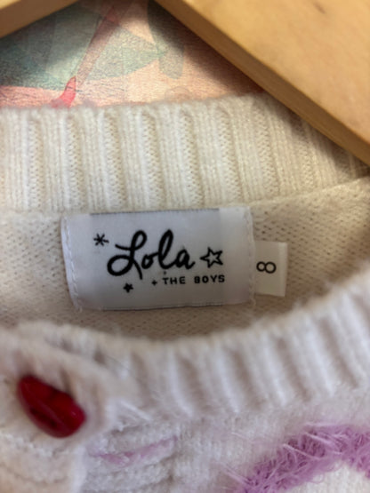 Lola & The Boys white fuzzy hearts cardigan. Size 8.