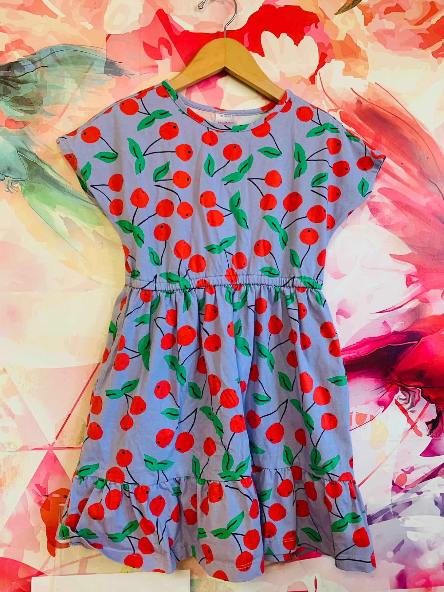 Hanna Andersson blue short sleeve dress with red & green cherries. Side pockets. Size 6/7.