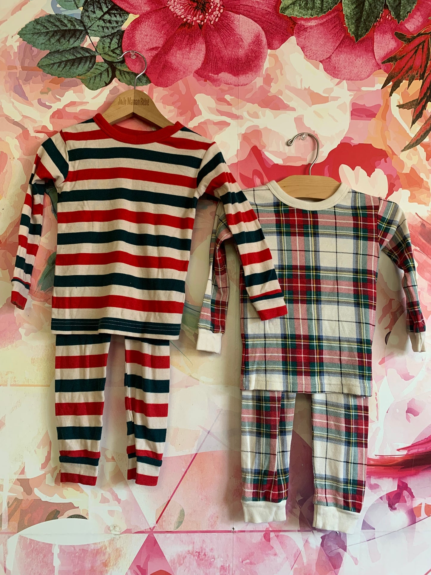 2 Baby Gap red, green, white long sleeve holiday pajama sets. One stripe and one plaid. Size 2T.