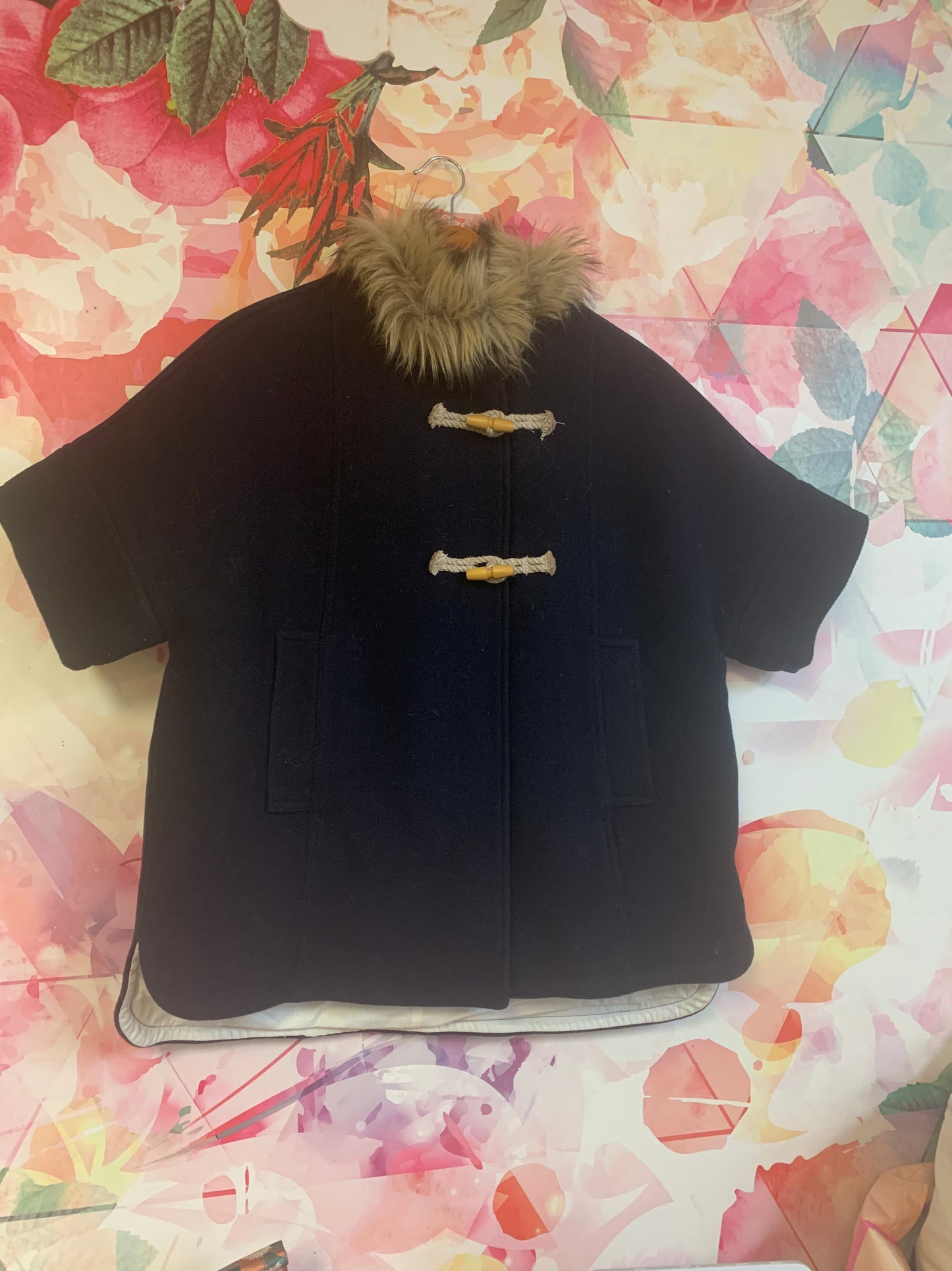 Crewcuts navy blue cape wool coat with zipper & toggles. Fur collar. Size Large.