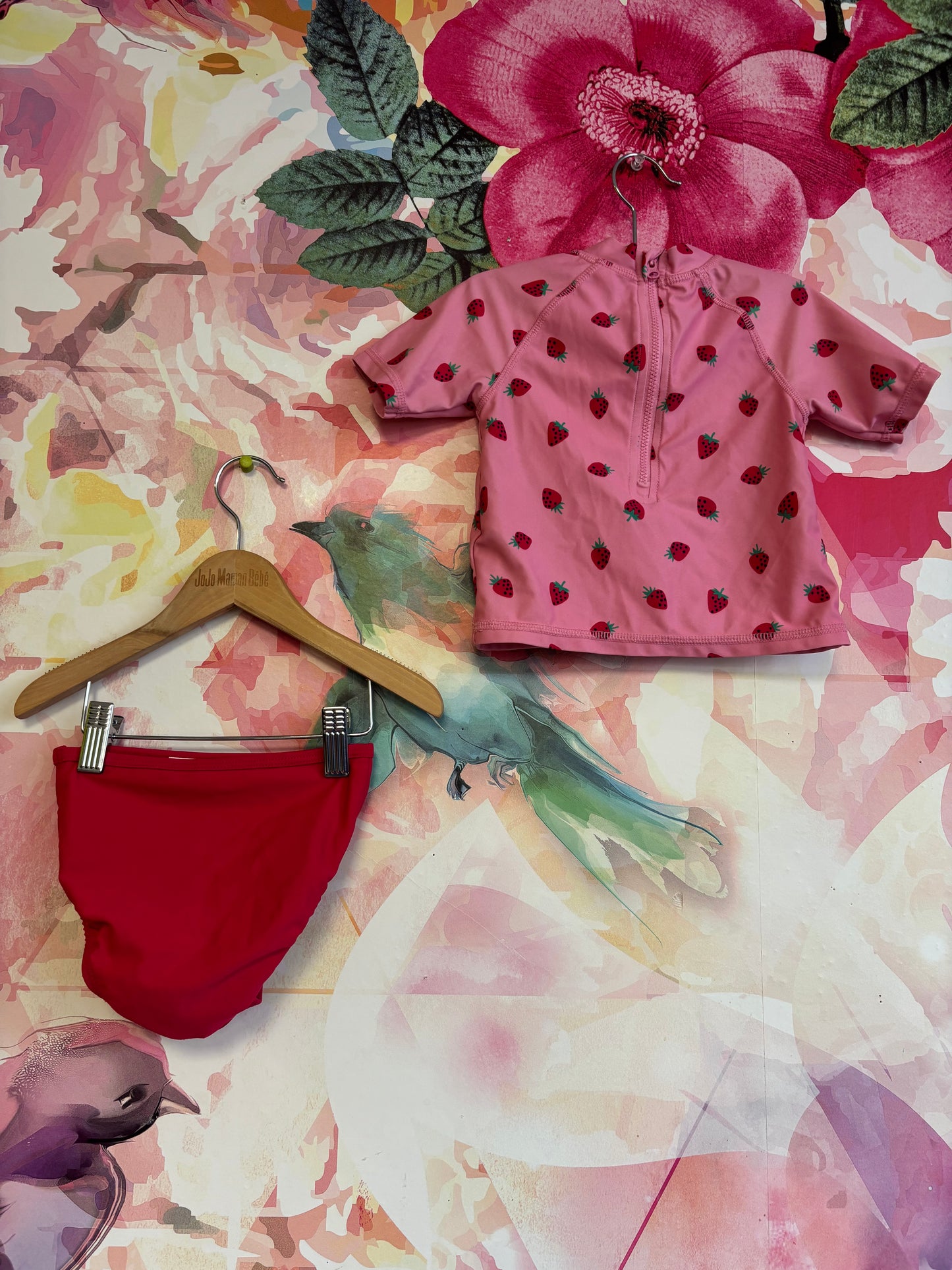 Joe Fresh pink & red two piece bathing suit with strawberries. Size 12-18m.