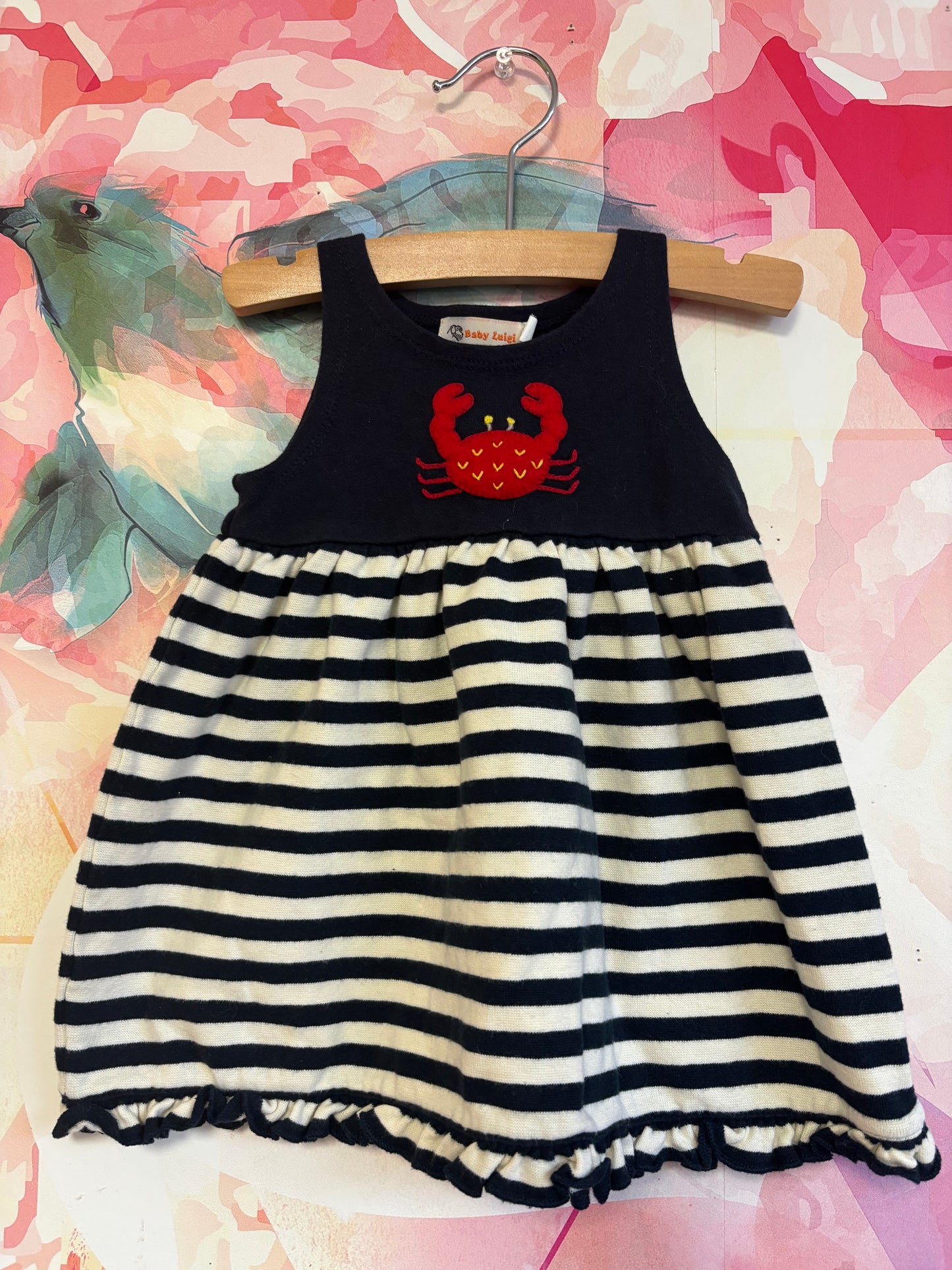 Baby Luigi navy blue dress with blue/white stripes and red crab. Size 12m