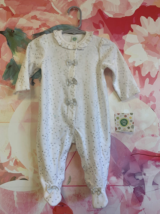 Little Me white footed romper with tiny silver hearts, bows & ruffle collar. *New with Tags* size 6m