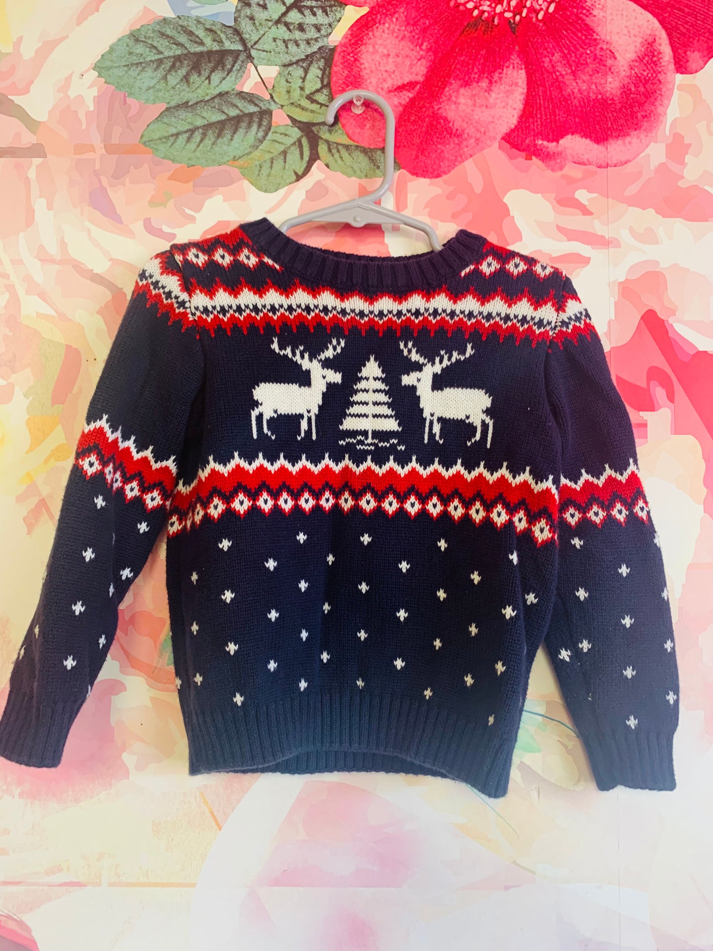 Janie & Jack blue, red, white knit crewcut sweater with deer & pine tree. Size 2T. 2 available.