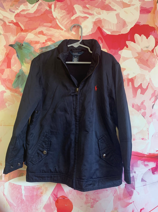 Polo by Ralph Lauren navy blue polyester jacket. Fleece lining and hood that can be rolled up and put inside collar. Size 6