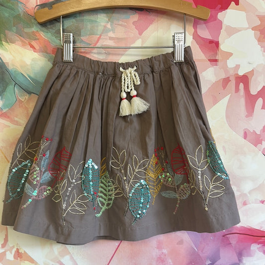 Peek Drawstring Skirt Brown with Embroidered and Sequined Leaves Size 4/5