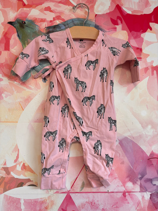 Monica & Andy pink snap romper with black & white zebras. Size 6-9m