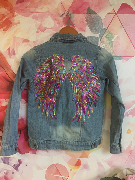 Lola & The Boys neon angel wings denim jacket. Size 12.