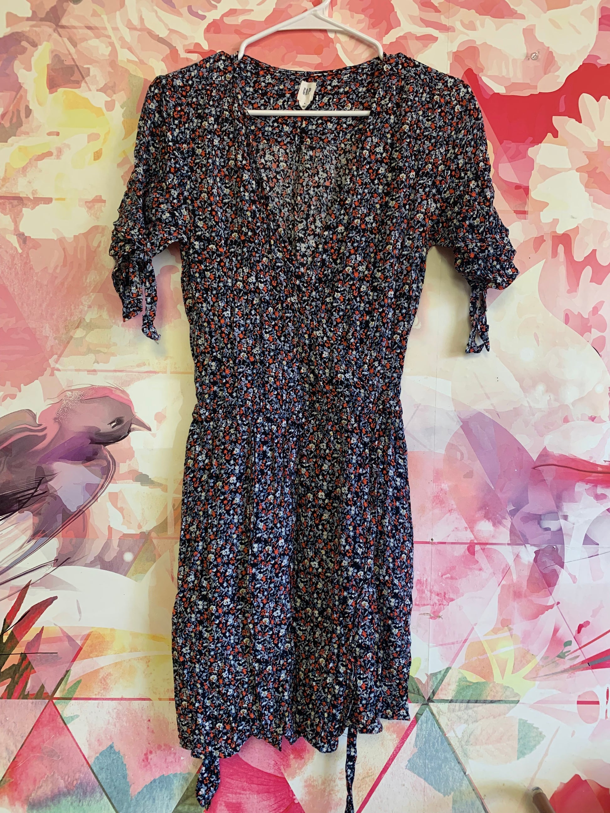 Gap blue, red, white, yellow tiny floral shirt sleeve wrap dress. Size Cloud & Bunny Gap blue, red, white, yellow tiny floral shirt sleeve wrap dress. Size Cloud & Bunny