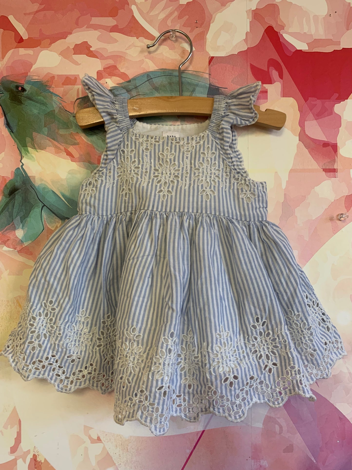 Baby Gap blue/white stripe sleeveless dress with white eyelet design. Fully lined. Size 3-6m