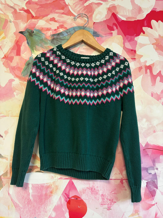 Crewcuts green Fair Isle sweater with pink, teal, white design. Size 8/9.