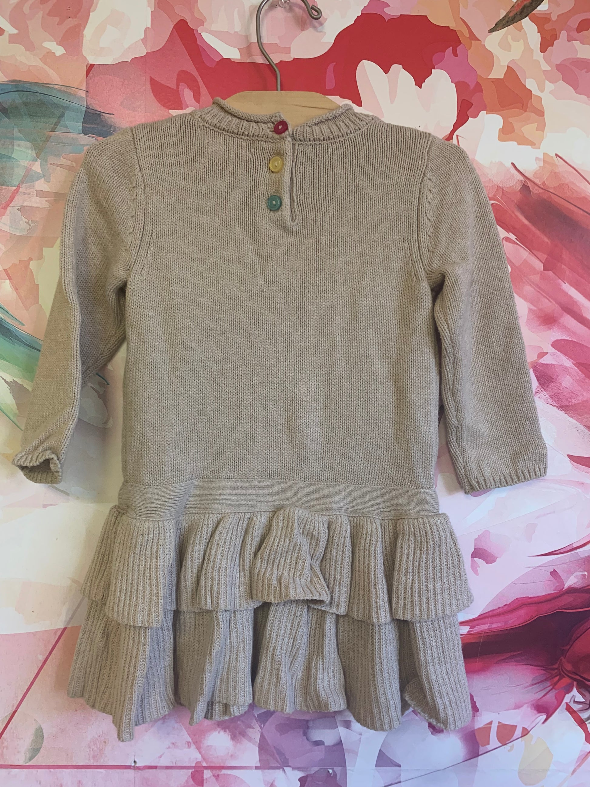 H&M Beige long sleeve knit dress with two tier ruffles and colorful Pom poms. Size 18m H&M Beige long sleeve knit dress with two tier ruffles and colorful Pom poms. Size 18m